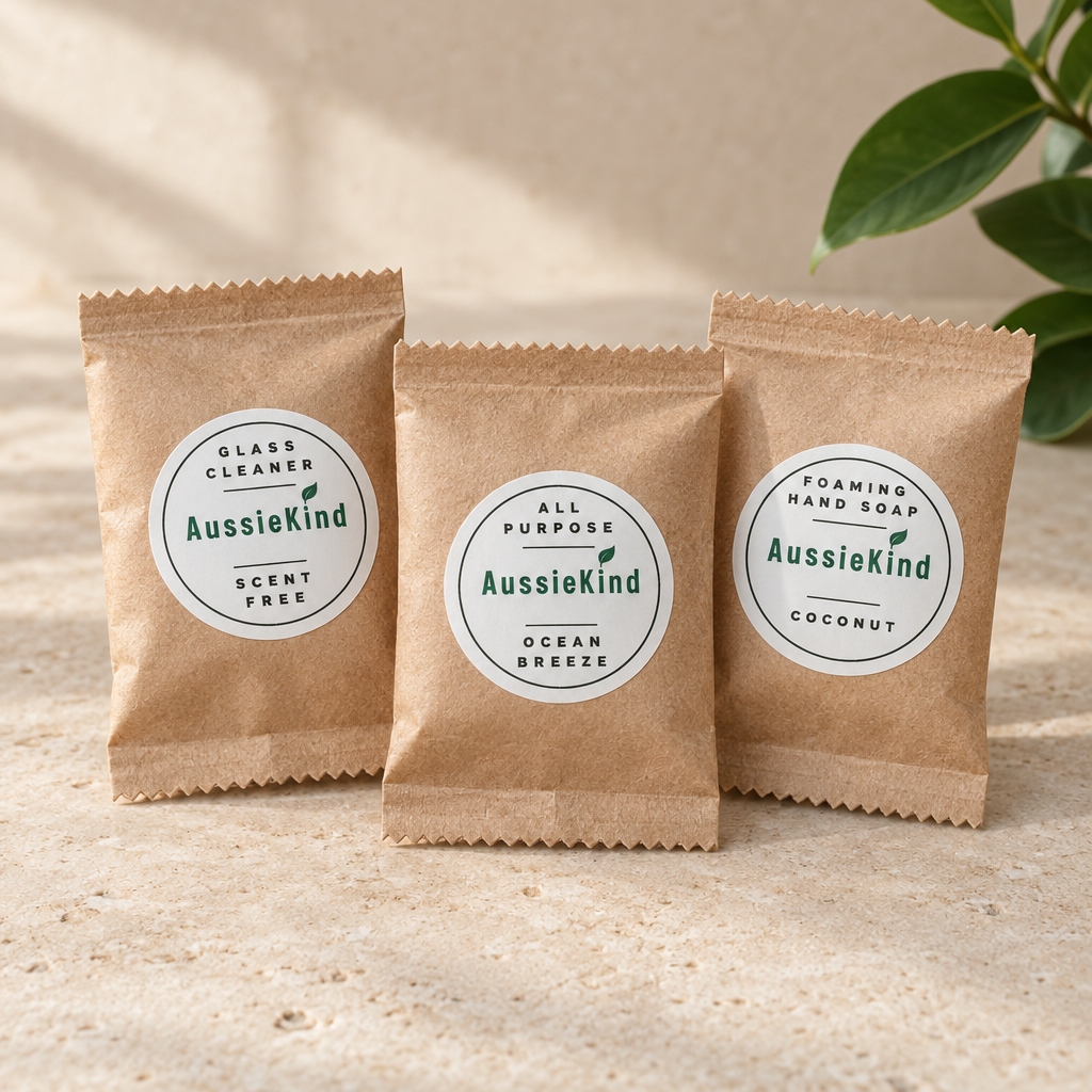 AussieKind glass cleaner, all-purpose cleaner and handsoap tablet packets