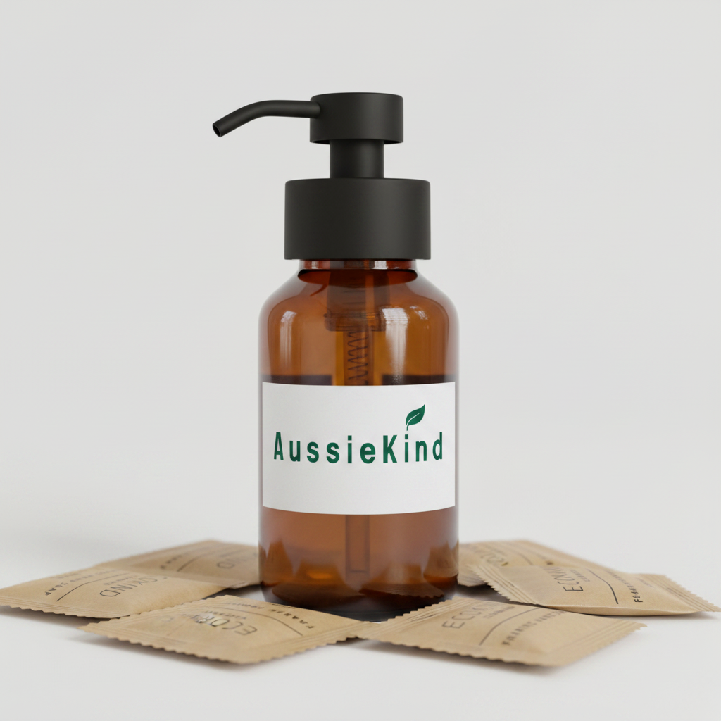 AussieKind amber glass pump bottle with hand soap tablets