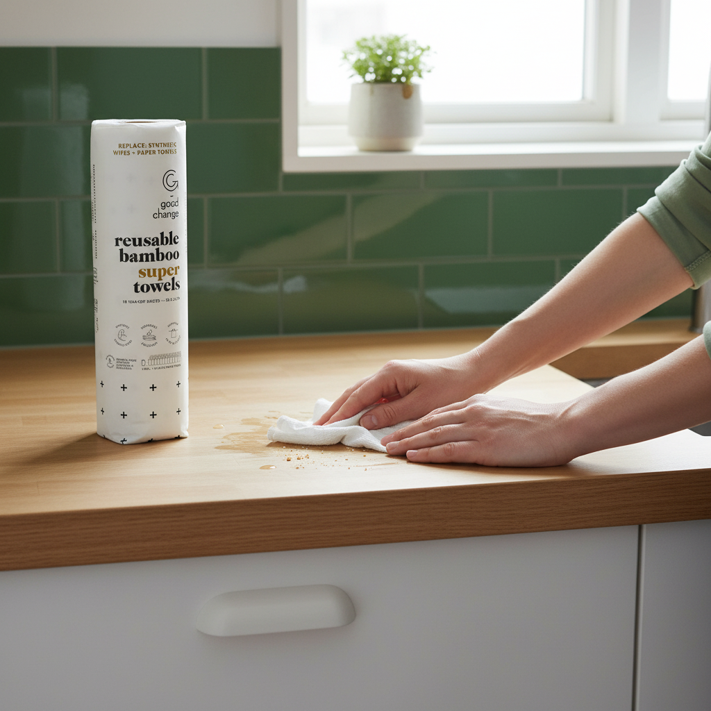 Good Change reusable bamboo towels in use in a kitchen