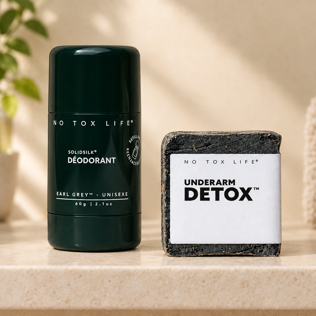Earl Grey Solidsilk refillable deodorant tube beside Underarm Detox petite bar