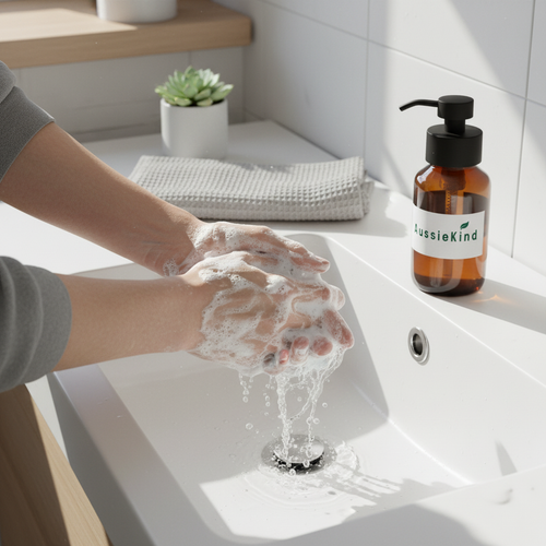 Hands washing with foamy soap from AussieKind pump bottle
