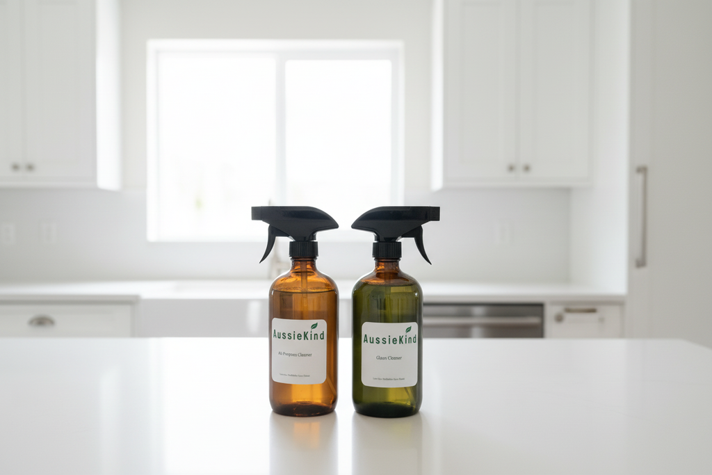 Refillable Amber Glass Spray Bottle + Free Cleaner Tablet