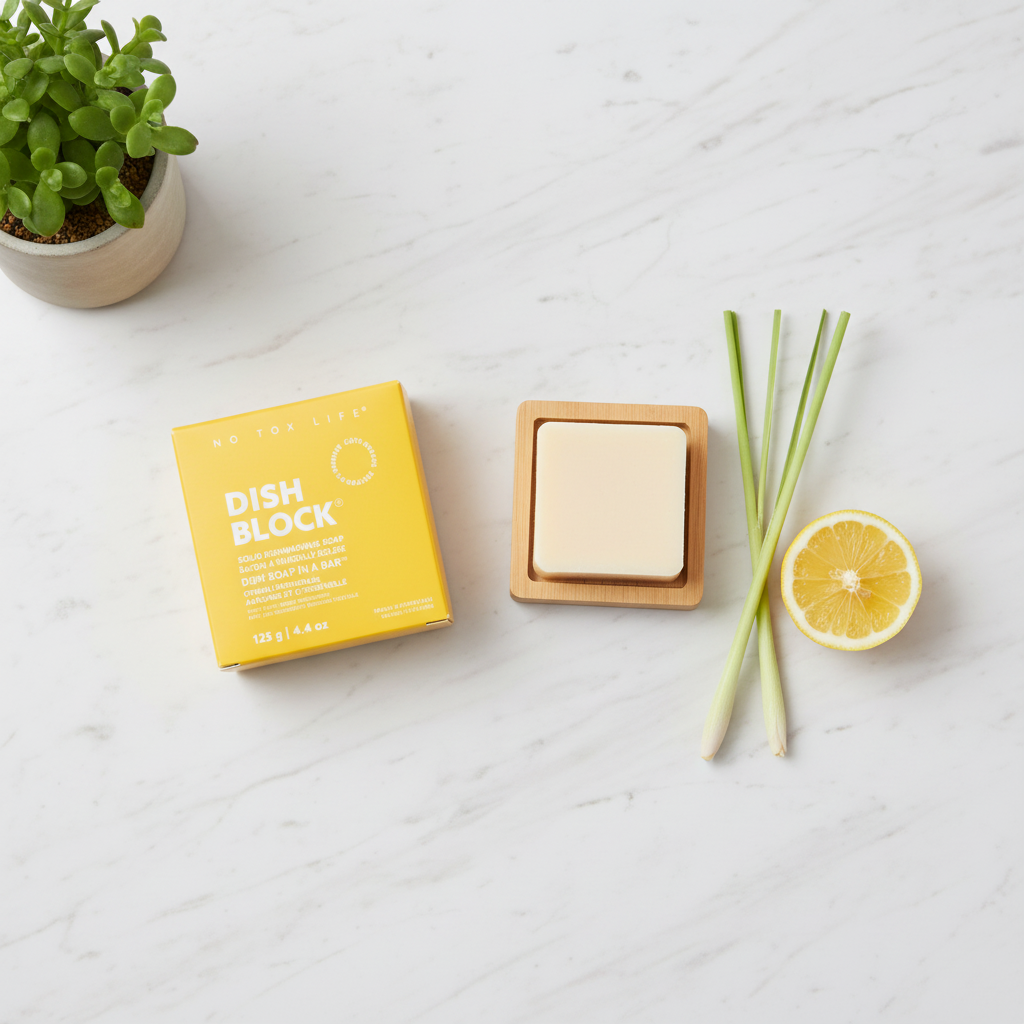 Dish Block flat lay with lemon and lemongrass on marble