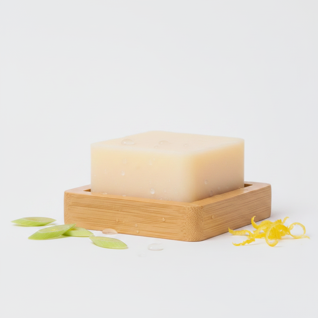 Close-up of Dish Block soap bar on bamboo dish holder