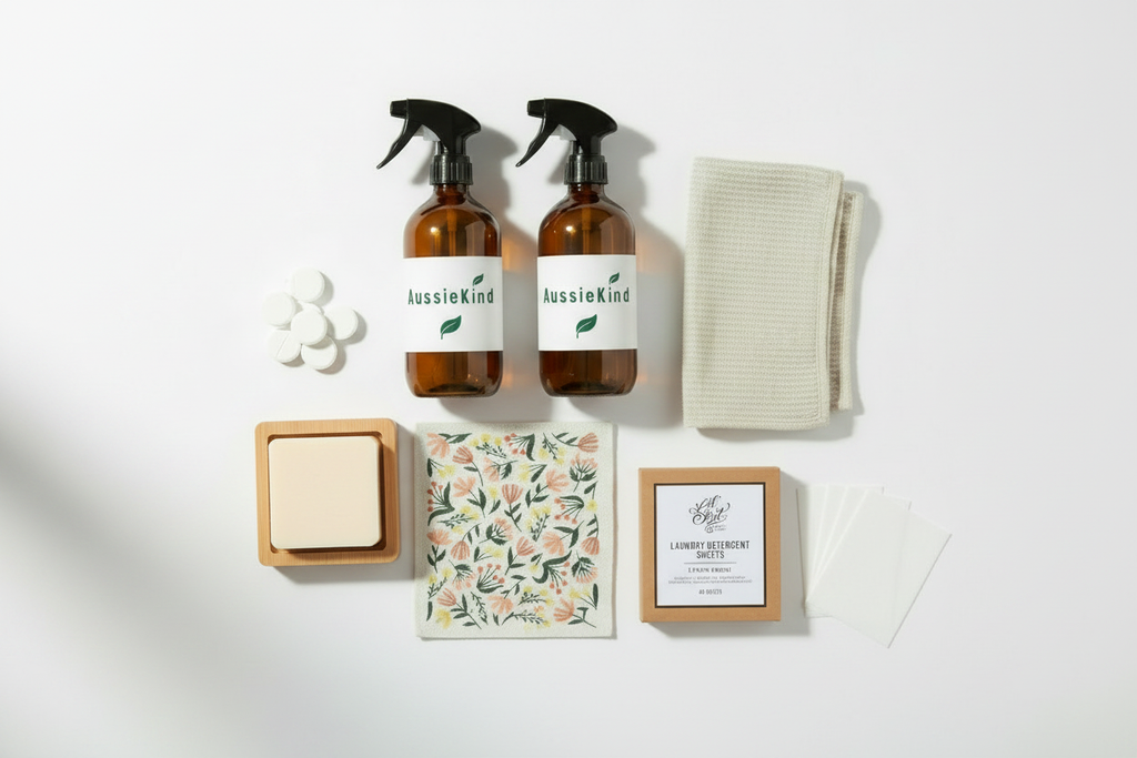 AussieKind Starter Kit flat lay with Dish Block, bamboo holder, and Lil Bit Laundry Detergent Sheets