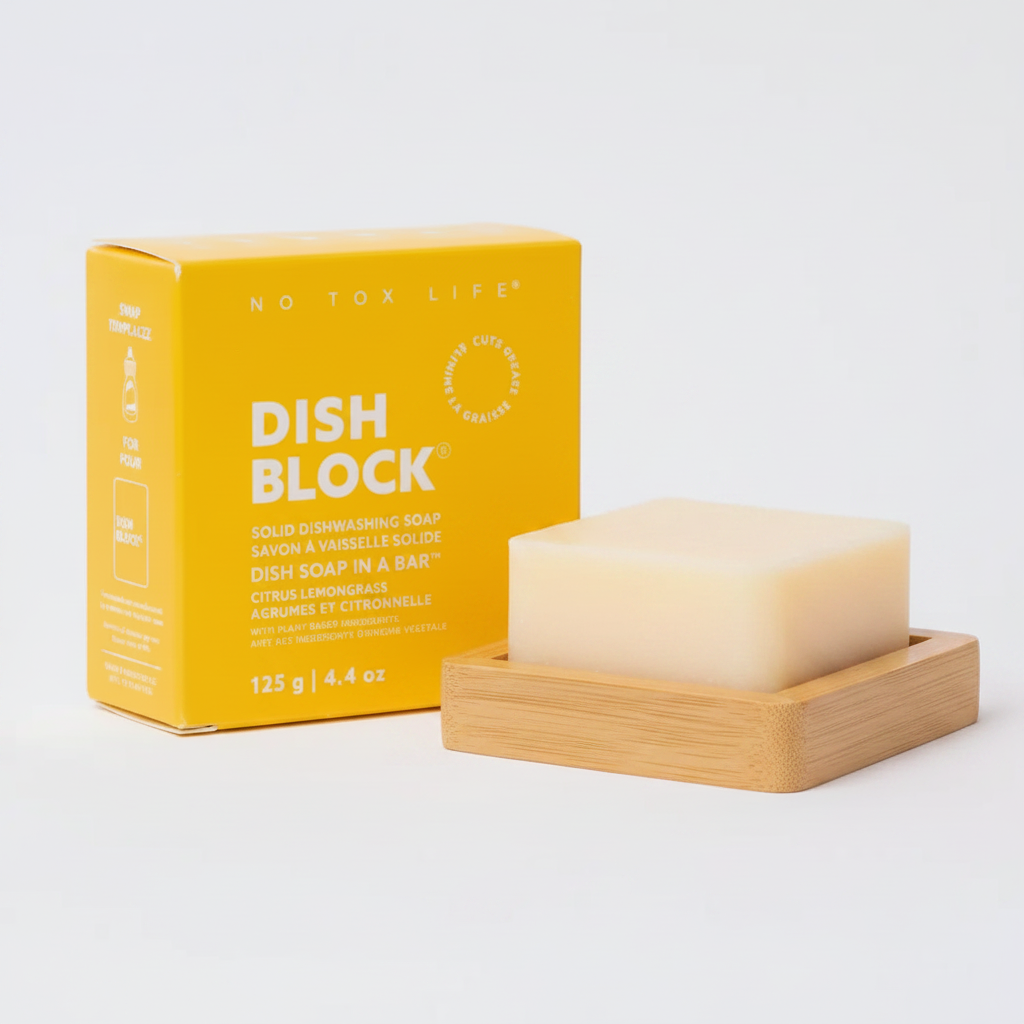 No Tox Life Dish Block soap bar with bamboo dish holder