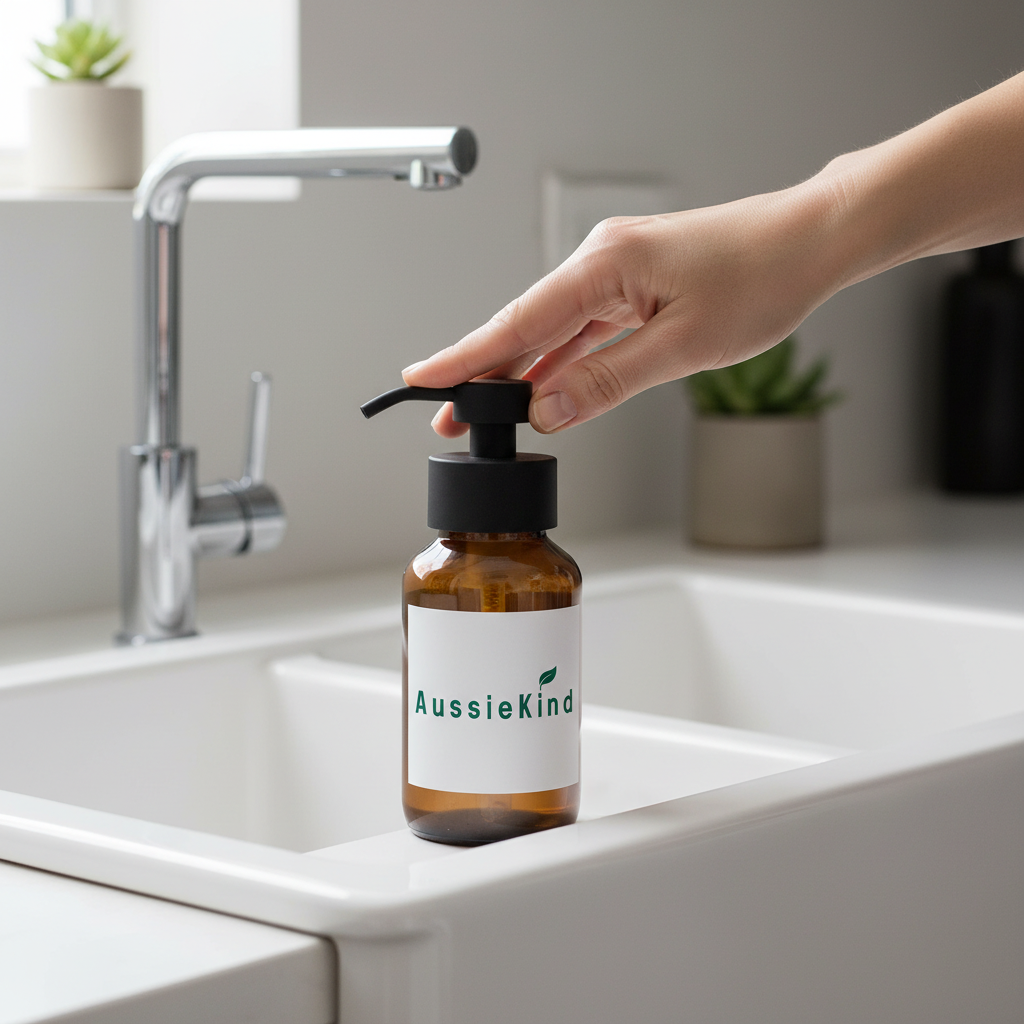 Hand pressing AussieKind amber glass pump bottle at kitchen sink