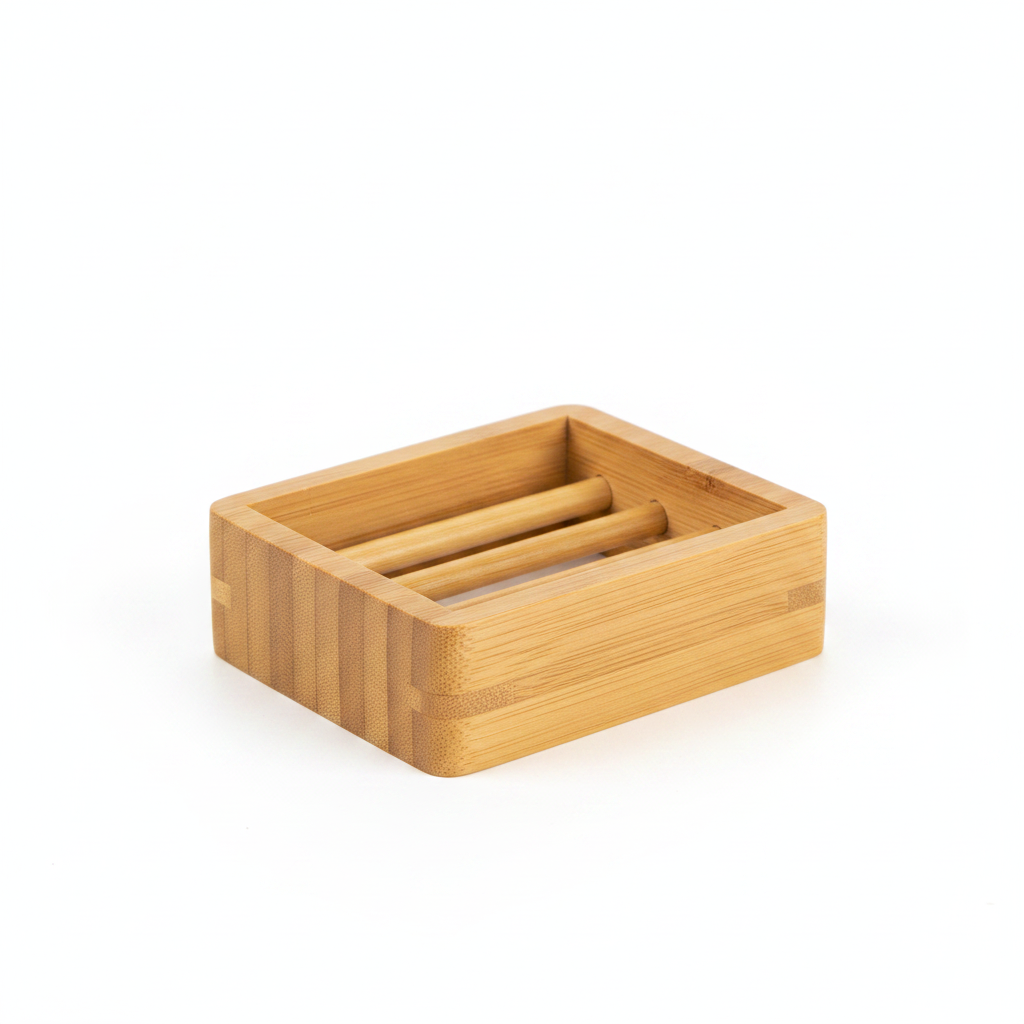 Natural bamboo soap holder with slatted drainage base on white background