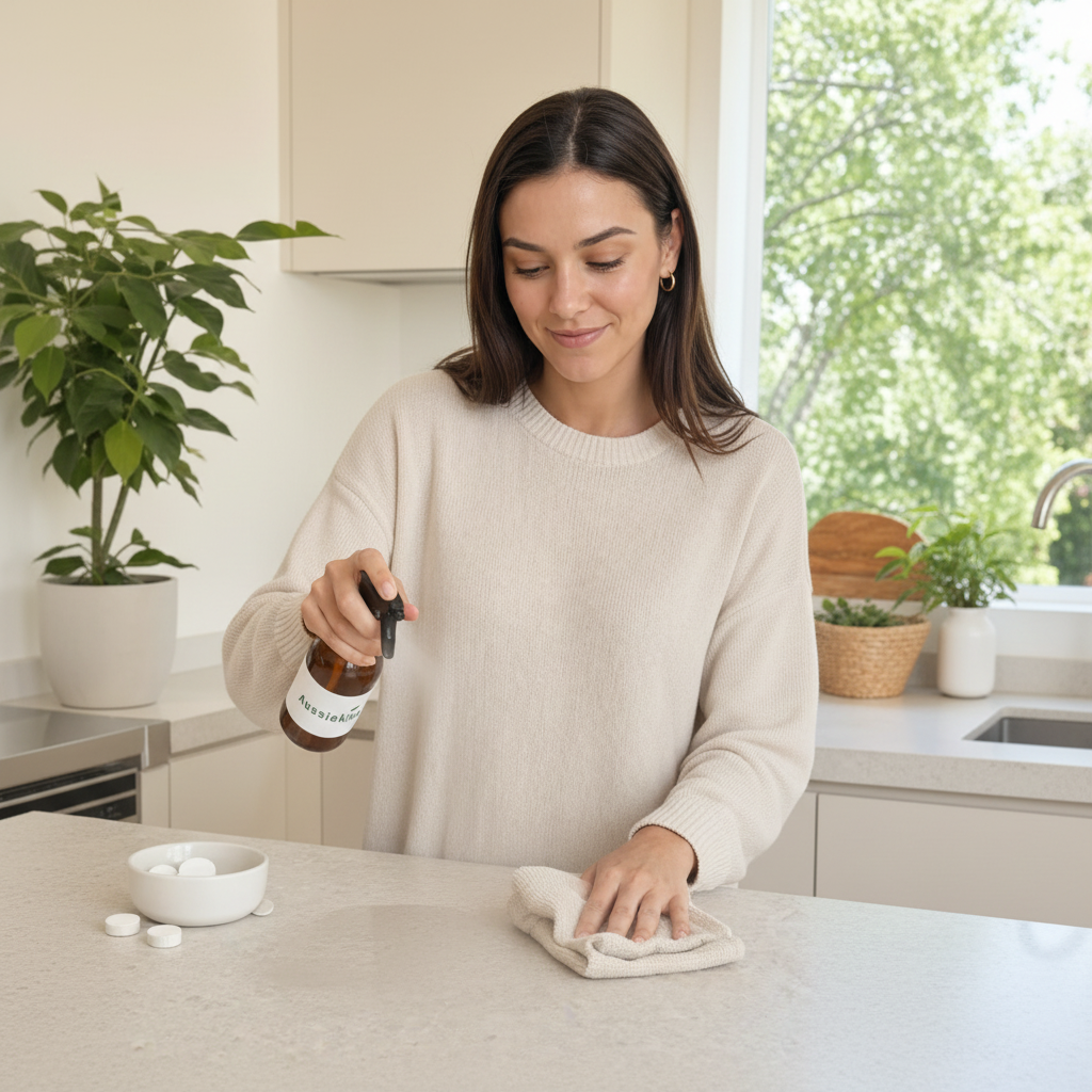 Woman spraying AussieKind bottle and wiping kitchen benchtop