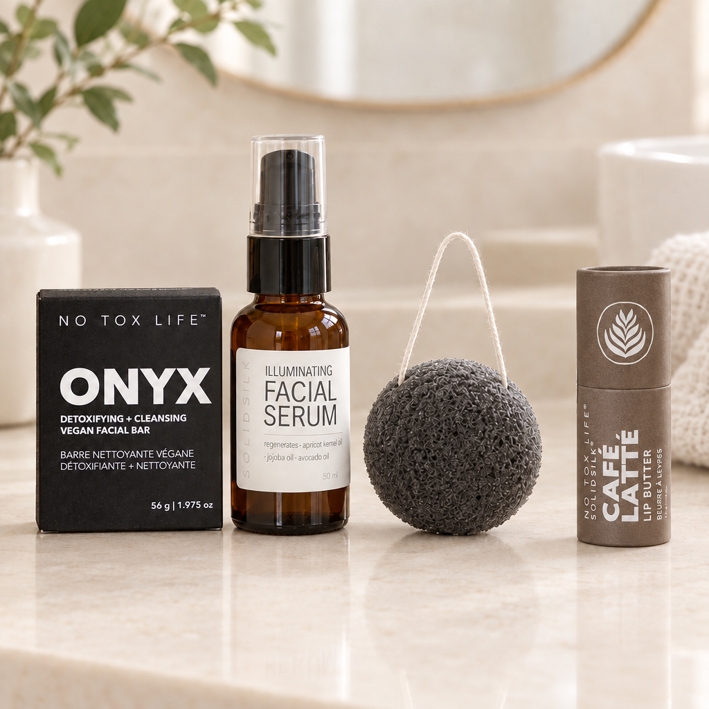 ONYX facial bar, illuminating facial serum, Luna charcoal sponge and Café Latté lip butter