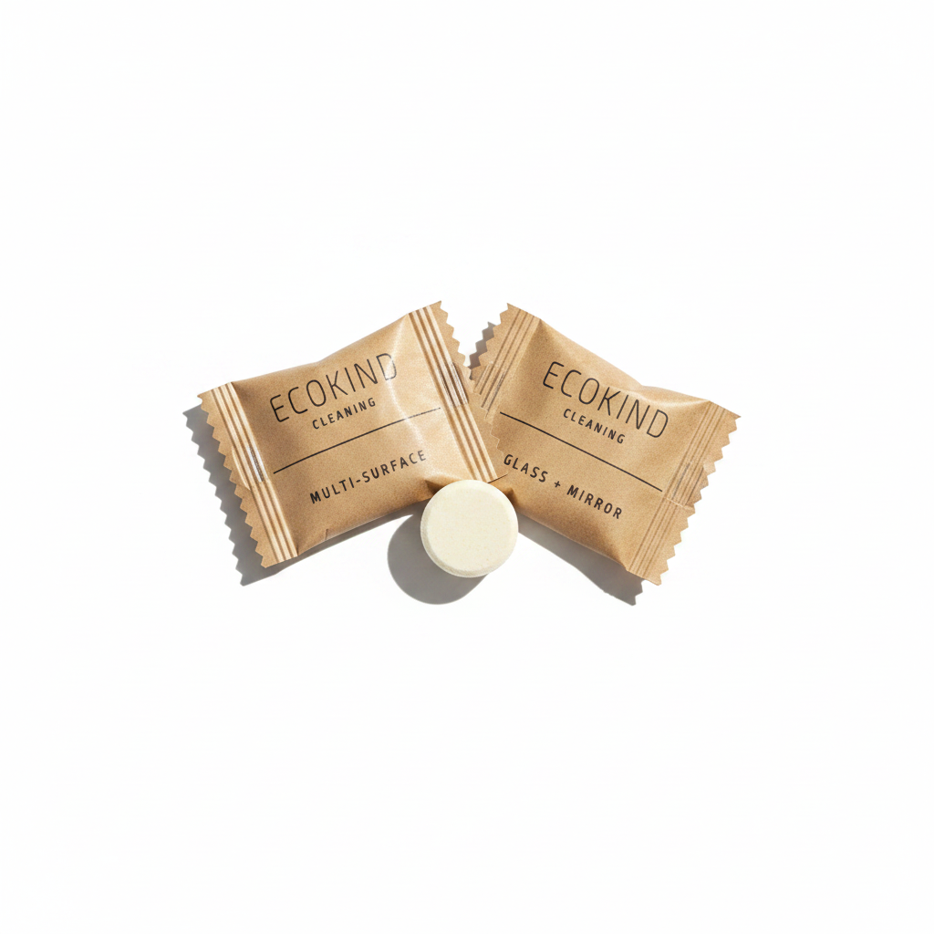 ECOKIND multi-surface and glass mirror cleaning tablets in kraft paper packaging on white background