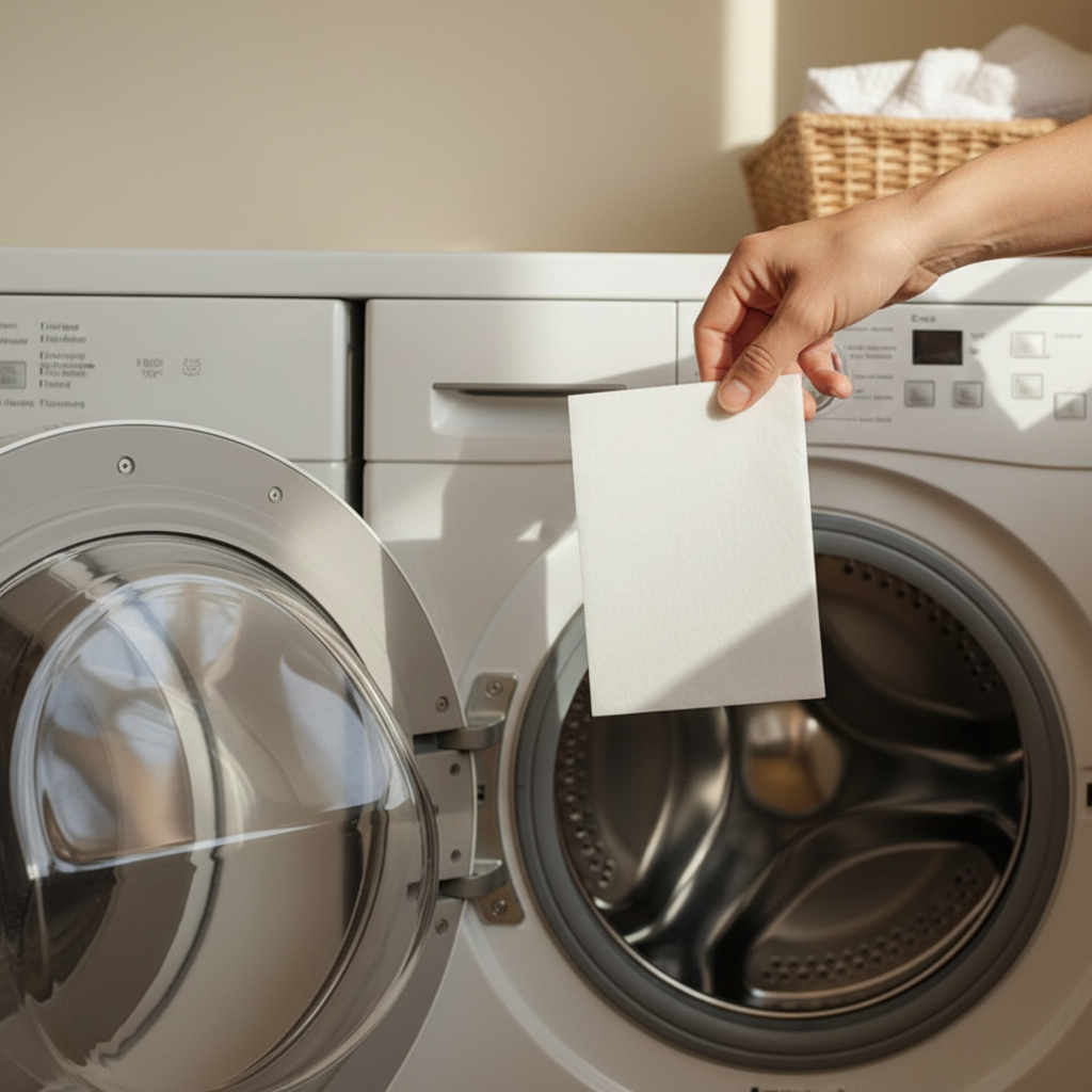 Hand dropping a laundry sheet into washing machine