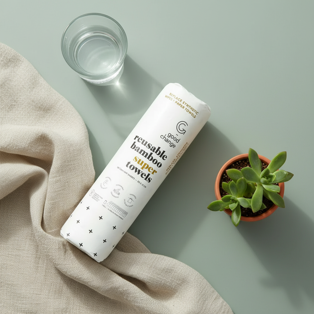 Bamboo paper towels flat lay with natural props