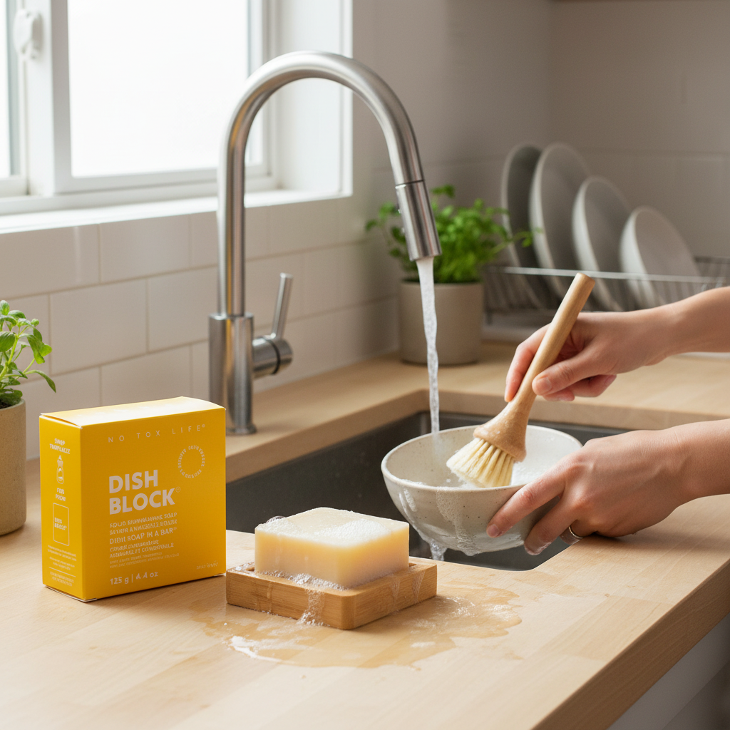 No Tox Life Dish Block in use at kitchen sink on bamboo dish