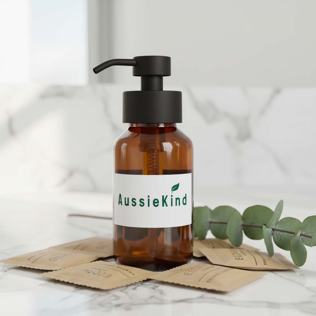 AussieKind amber glass pump bottle with hand soap sachets on marble vanity