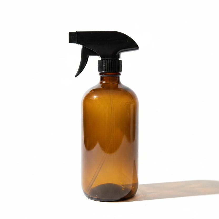 Refillable amber glass trigger spray bottle with black sprayer, no label, white background, premium product photography