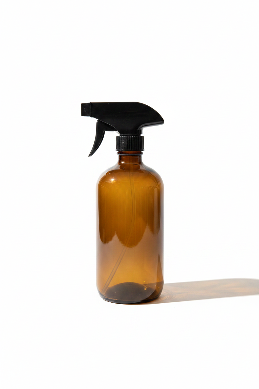 Refillable amber glass trigger spray bottle with black sprayer, no label, white background, premium product photography