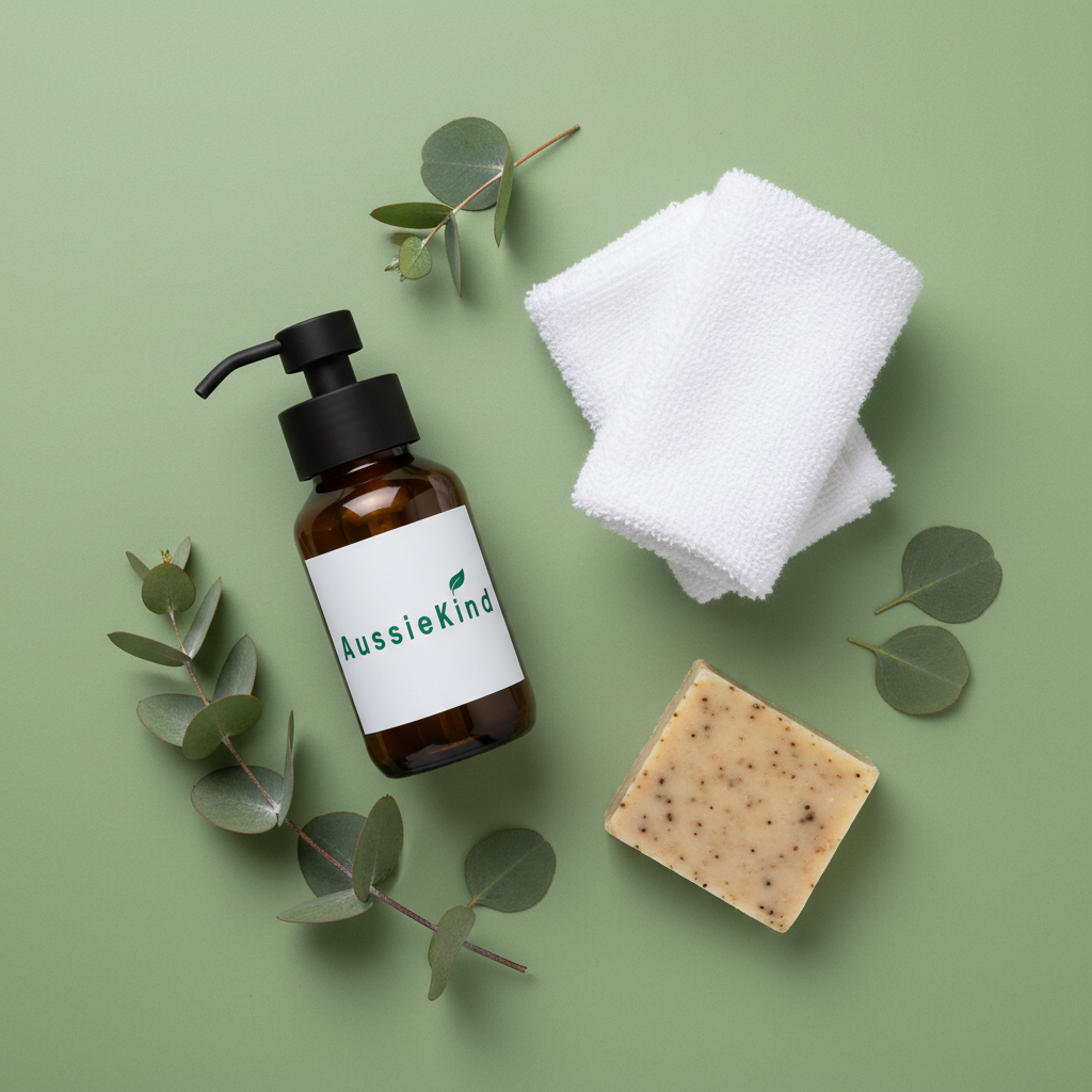 AussieKind amber glass pump bottle flat lay with eucalyptus on sage green