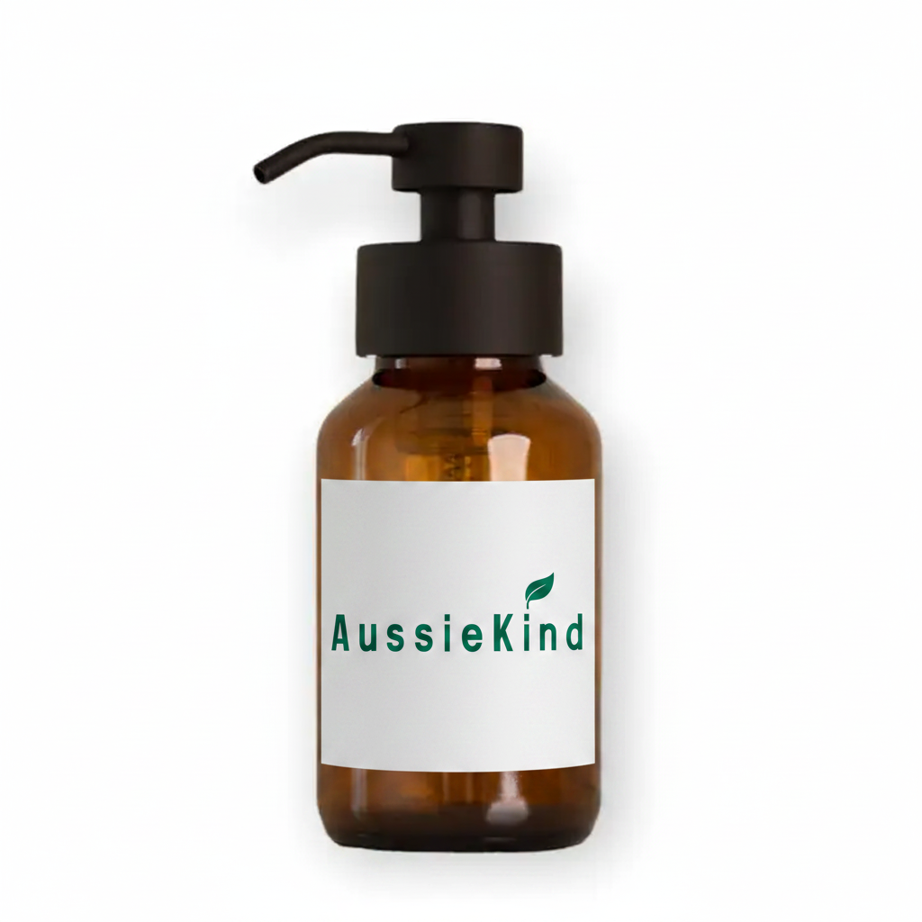 AussieKind amber glass pump bottle with logo