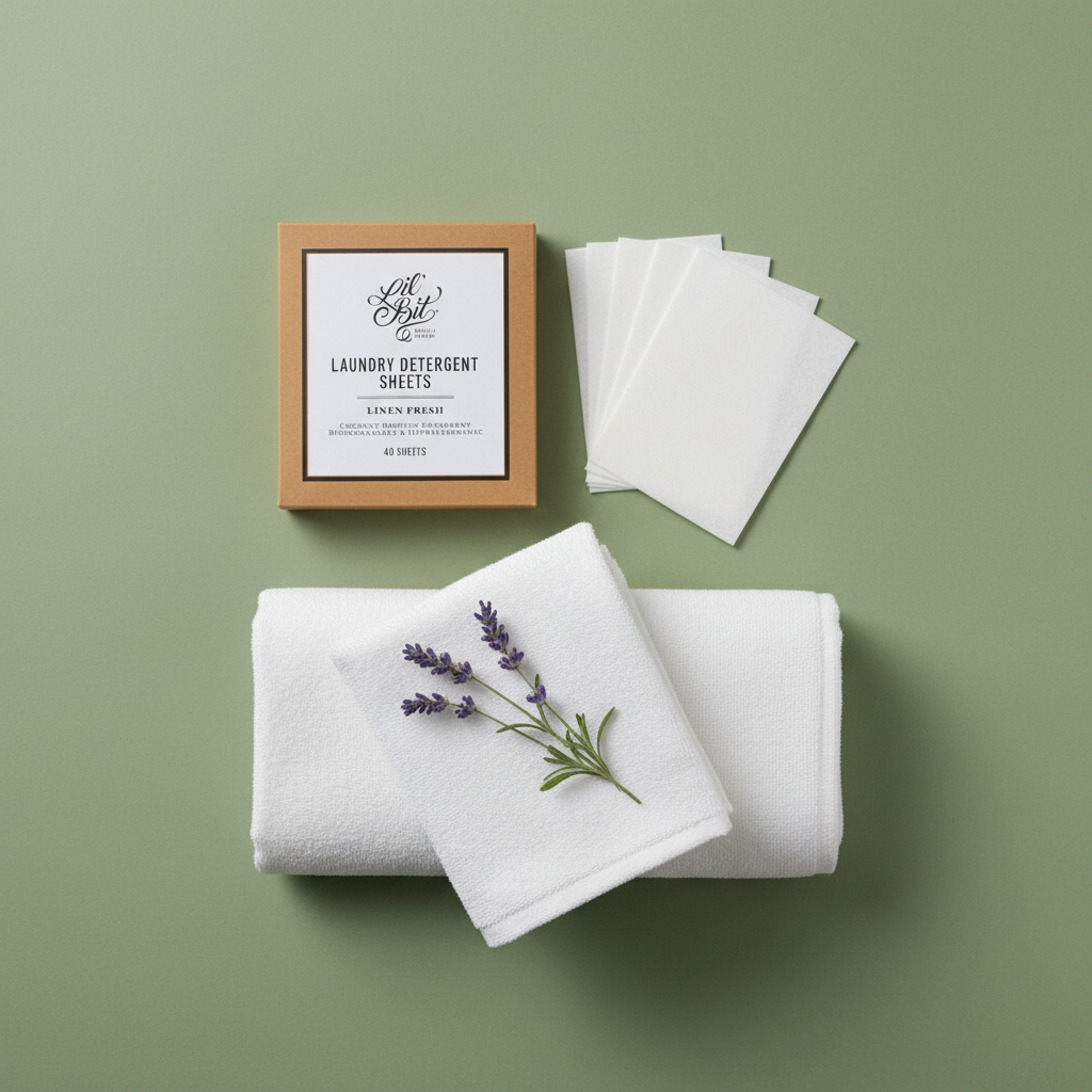 Laundry sheets flat lay with white linen and lavender