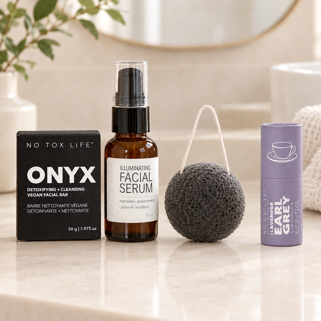 ONYX facial bar, illuminating facial serum, Luna charcoal sponge and Lavender Earl Grey lip butter