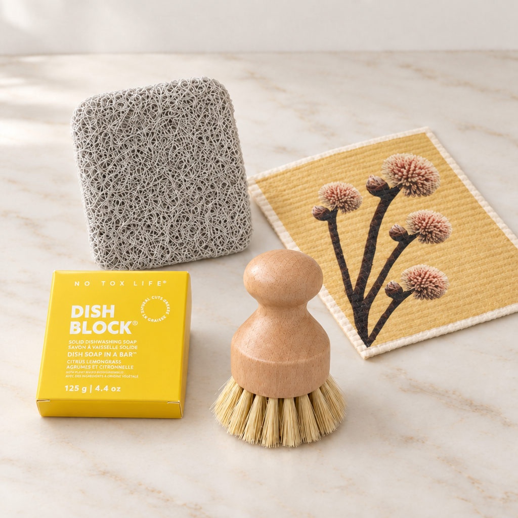 Kitchen starter kit with citrus lemongrass dish soap, grey PVC mesh soap holder, Swedish dishcloth and wooden pot scrubber
