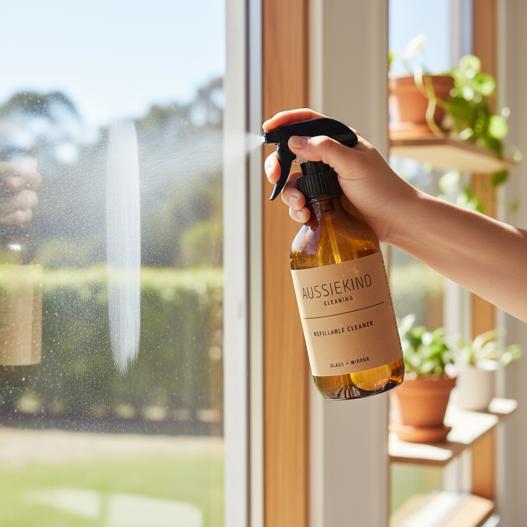 Hand spraying AussieKind amber glass bottle on a mirror for streak-free clean