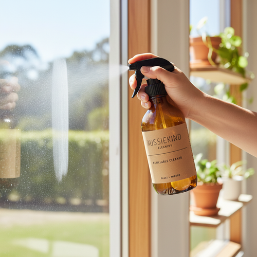 Hand spraying AussieKind amber glass bottle on a mirror for streak-free clean