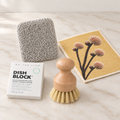 170 g Dish Block solid dish soap, grey mesh soap holder, botanical Swedish dishcloth and wooden pot scrubber brush